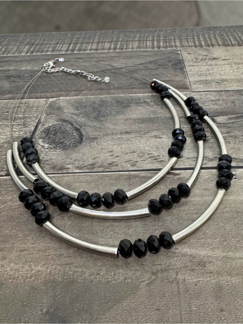 Layered Black Crystal & Silver Tube Wire Statement Piece Necklace